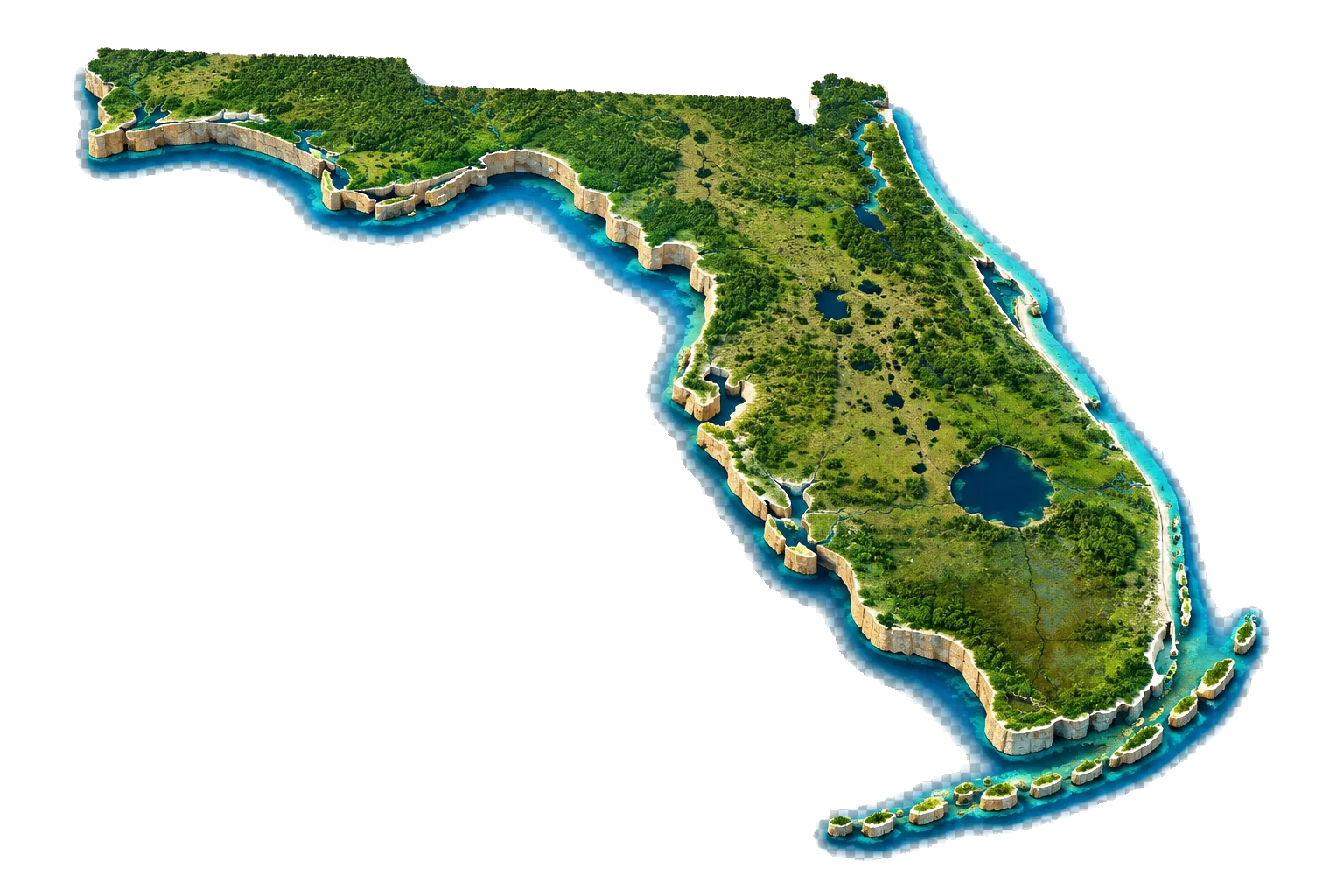 Terrain map of Central Florida showing the Ricky&rsquo;s Gutters service area across Lake, Marion, Orange, Sumter and Volusia counties