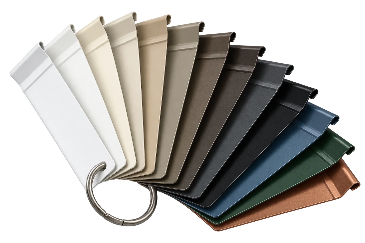 Fan of aluminum gutter color samples ranging from white and tan to bronze, blue, green, black, and copper