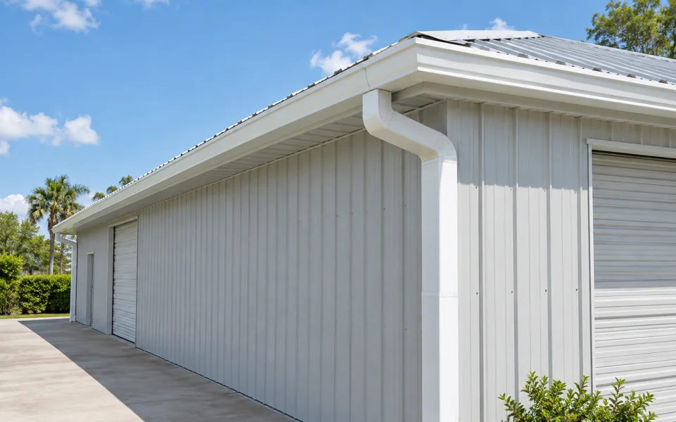 Large commercial gutter run installed on a metal-roofed building