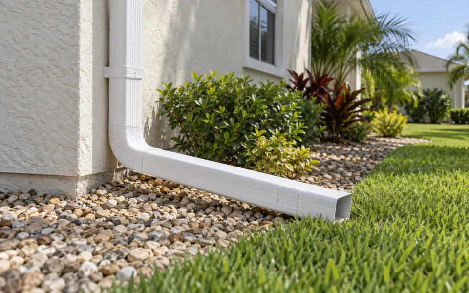 Downspout with an extension carrying rainwater away from a home's foundation
