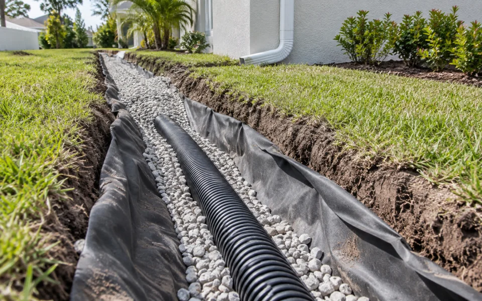 French drain trench with perforated pipe and gravel installed in a Florida yard