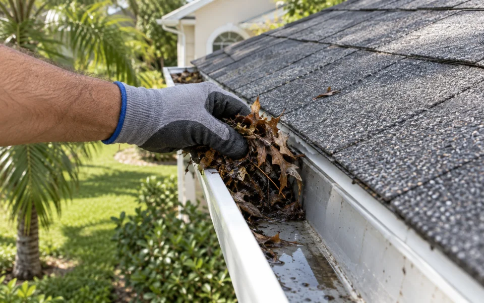 Technician clearing leaves and debris from a clogged gutter by hand