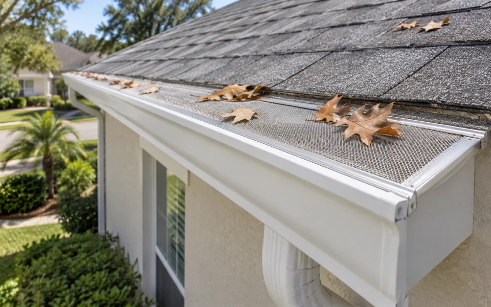 Gutter guard fitted over a seamless gutter to keep leaves and debris out