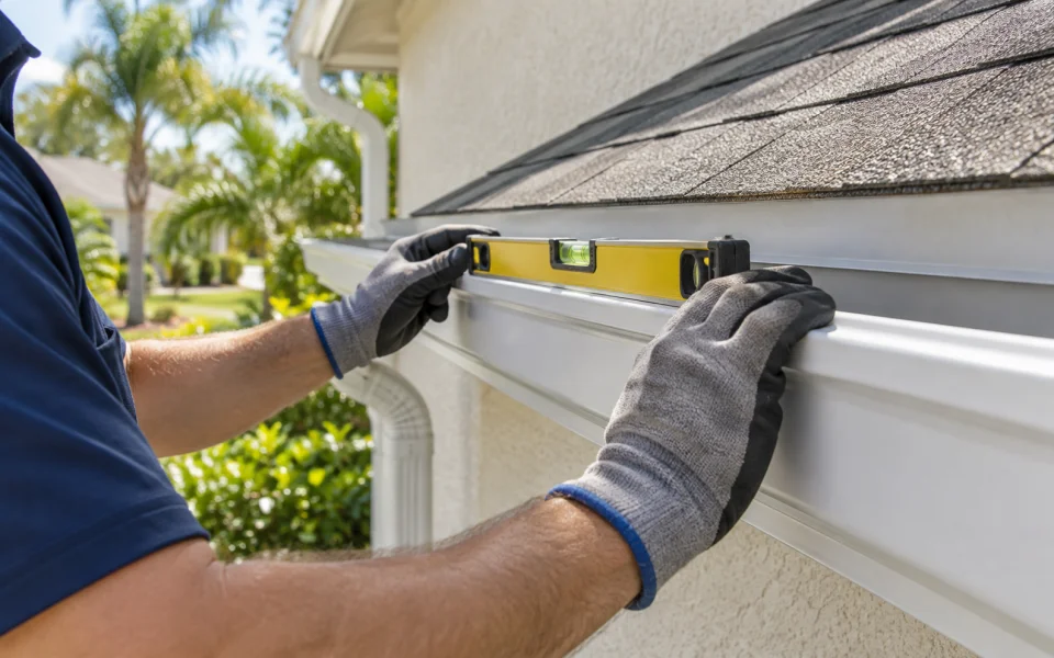 Installer checking gutter pitch with a level during an inspection