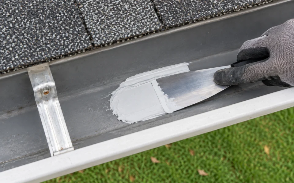 Resealing a leaking gutter seam during a gutter repair