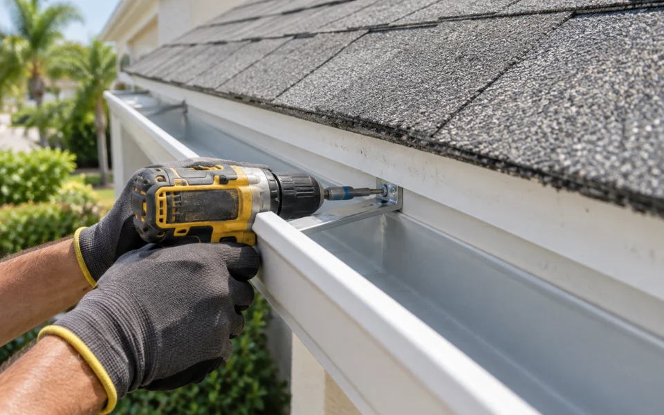 Re-fastening a gutter section with a drill