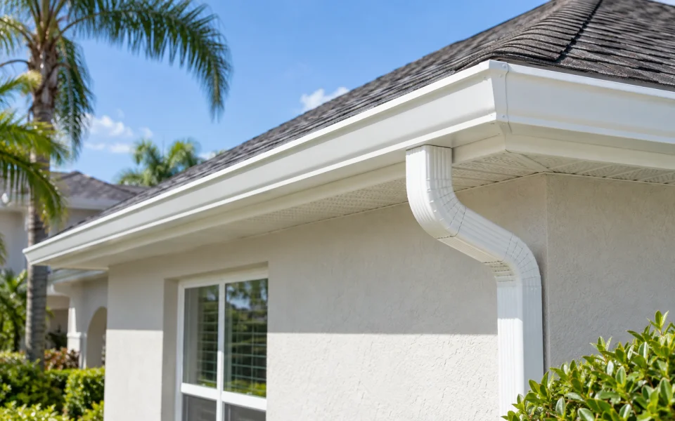Seamless aluminum gutters installed along the roofline of a Central Florida home