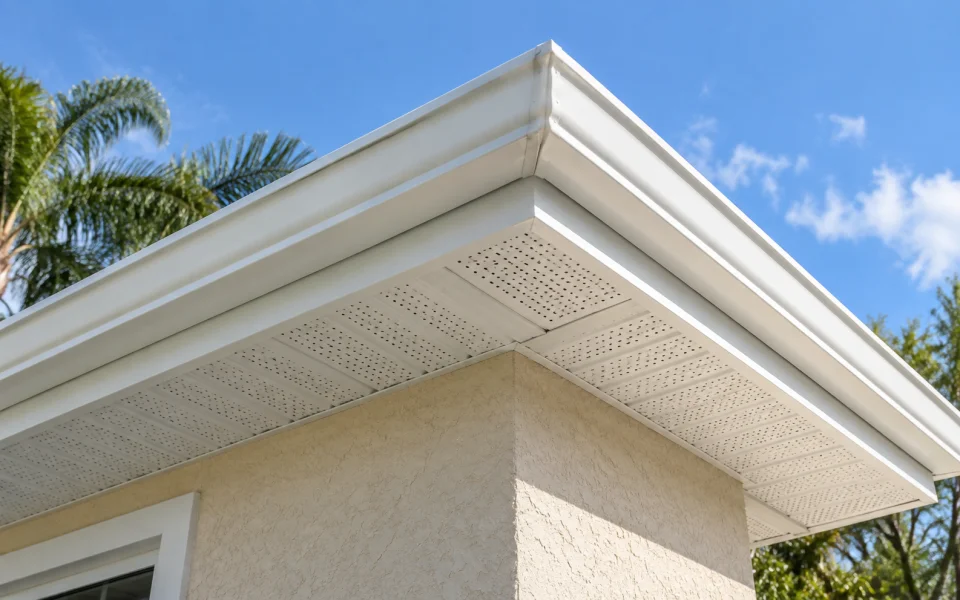 New white soffit and fascia installed under the eave of a Florida home
